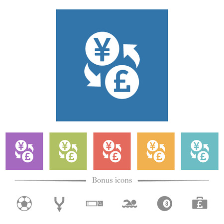 Yen Pound money exchange flat white icons in square backgrounds. 6 bonus icons included.のイラスト素材