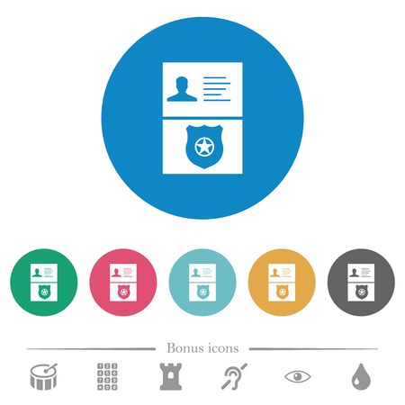 Police id and badge flat white icons on round color backgrounds. 6 bonus icons included.のイラスト素材