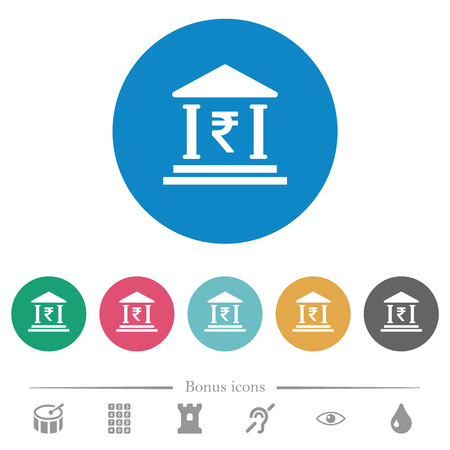 Indian Rupee bank office flat white icons on round color backgrounds. 6 bonus icons included.のイラスト素材