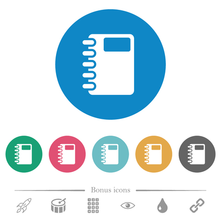 Spiral notebook flat white icons on round color backgrounds. 6 bonus icons included.のイラスト素材