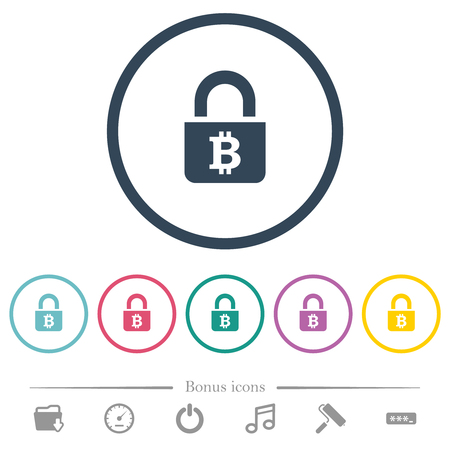 Locked Bitcoins flat color icons in round outlines. 6 bonus icons included.のイラスト素材