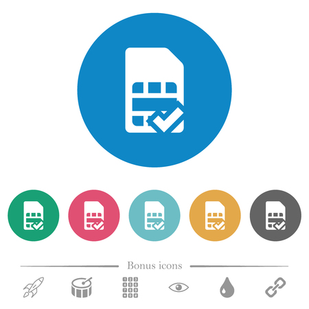 SIM card accepted flat white icons on round color backgrounds. 6 bonus icons included.のイラスト素材