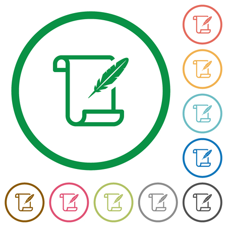 Paper scroll with feather flat color icons in round outlines on white backgroundのイラスト素材