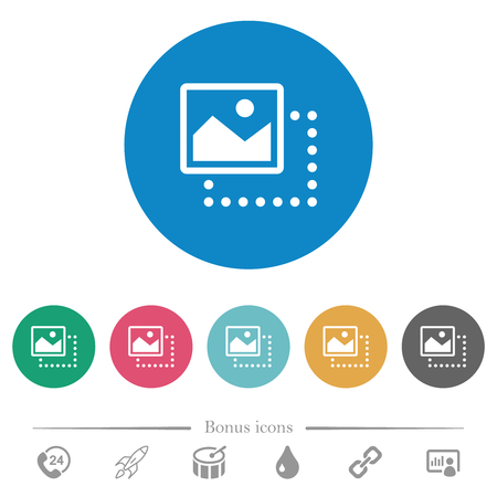 Drag image to top left flat white icons on round color backgrounds. 6 bonus icons included.のイラスト素材