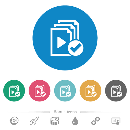 Playlist done flat white icons on round color backgrounds. 6 bonus icons included.のイラスト素材