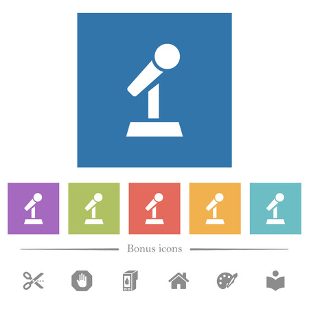 Microphone with stand flat white icons in square backgrounds. 6 bonus icons included.のイラスト素材