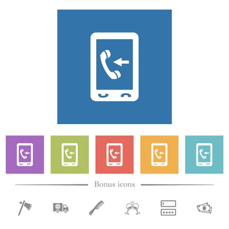 Mobile incoming call flat white icons in square backgrounds. 6 bonus icons included.のイラスト素材