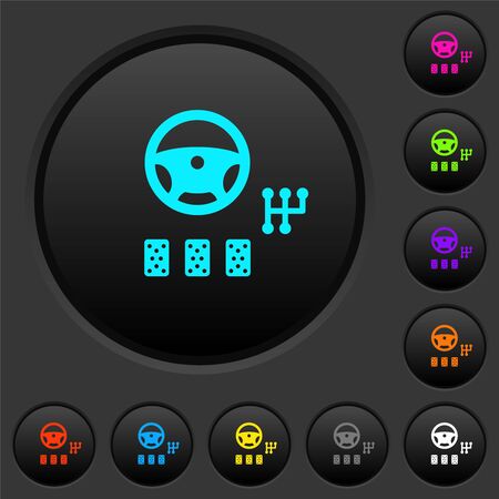 Car controls dark push buttons with vivid color icons on dark grey backgroundのイラスト素材