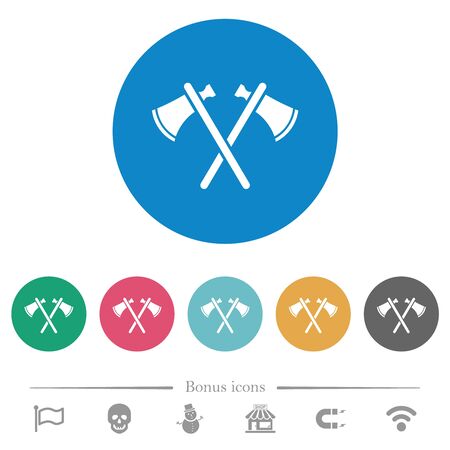 Two tomahawks flat white icons on round color backgrounds. 6 bonus icons included.のイラスト素材