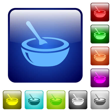 Glossy bowl of soup with spoon icons in rounded square color glossy button setのイラスト素材