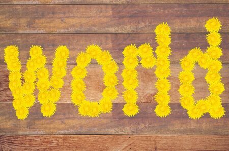 the word world is made of yellow flowers on a wooden background.の写真素材