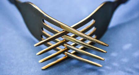 silverware, two yellow forks, close-up