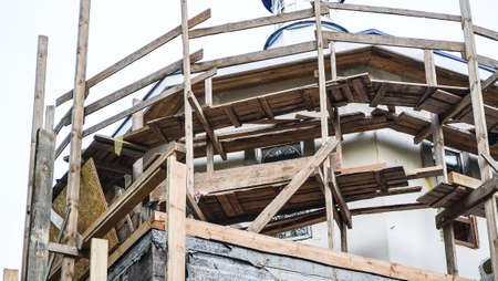 wooden scaffolding, repair of the Orthodox Church.の写真素材