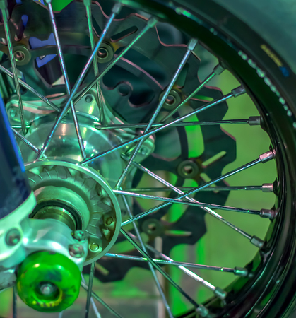 front wheel of sports bike motorcycle with spokes and tread protector for motocross Speedway Enduro.