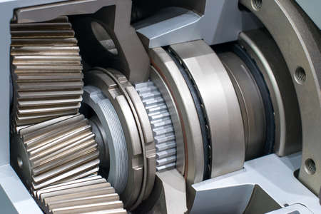 differential rear axle gearbox in section with gears and mechanisms