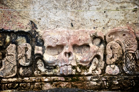 Ancient skull stone carving at the Palenque Ruinsの写真素材