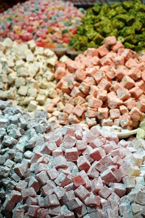 Piles of different flavors of turkish delight in the Grand Bizarre market in Istanbul. の写真素材