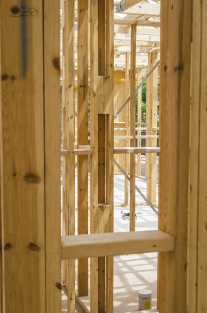 Close up of wooden frame in a house under constructionの写真素材