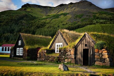 Traditional Icelandic Turf Houses near Skógarのeditorial素材