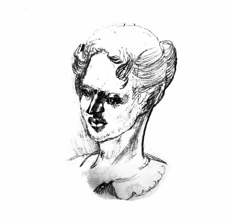 Stylized vintage sketch of a woman's head. A paraphrase on Pushkin's graphics.のイラスト素材