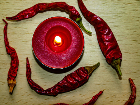 Red hot chili pepper with burning candle on wooden background. Toned.の写真素材