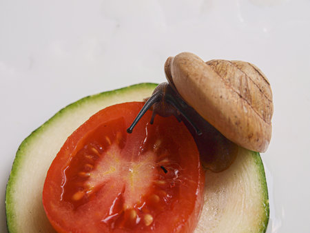 snail with tomato and cucumber on a white background closeupの写真素材