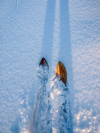 Snowshoes in the snow. Footprints in the snow.の写真素材