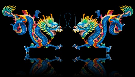 Twin blue dragon statues on black background with reflectionの写真素材