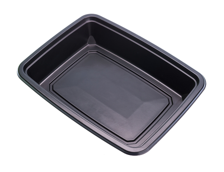 Empty black plastic container isolated on white backgroundの写真素材