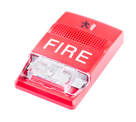 Red fire alarm isolated on white backgroundの写真素材