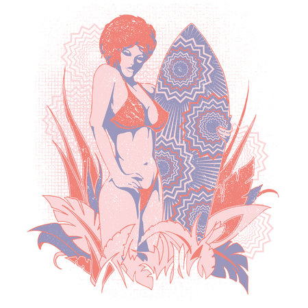 Surfer girl in a floral background graphicsのイラスト素材