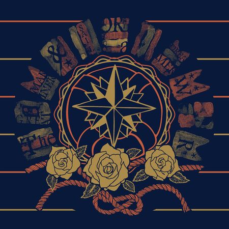 Compass rose with flags and flowersのイラスト素材