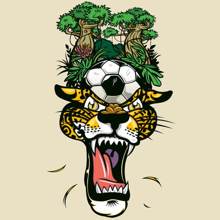 Illustration of a cheetah with a soccer ball and a forest over His Headのイラスト素材