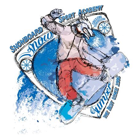 Illustration of a snowboarding wolfのイラスト素材