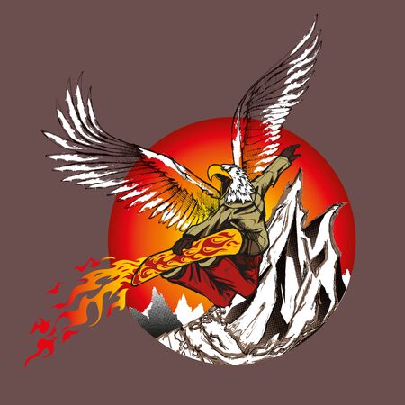 Illustration of a snowboarder jumping eagle with fireのイラスト素材