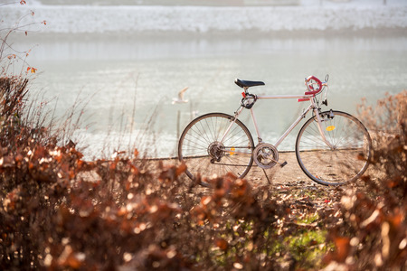 Bicycle parked by the river Drava, Maribor, Sloveniaの写真素材