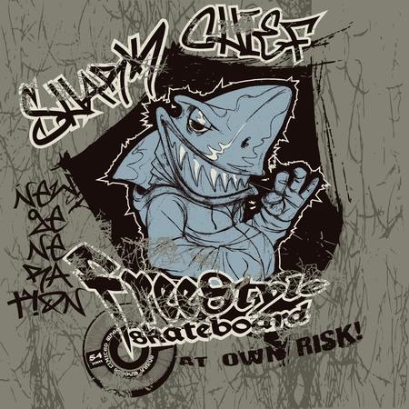 Illustration of a skater shark with a toothpickのイラスト素材