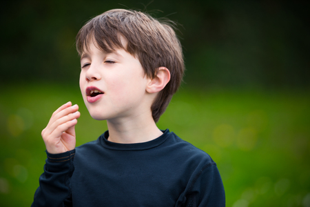Cute boy savoring crispsの写真素材