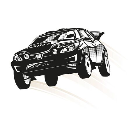 Speed car racing and off road rally car. Championship extreme transportation. Illustration of isolated rally car on white background with speed signs.のイラスト素材