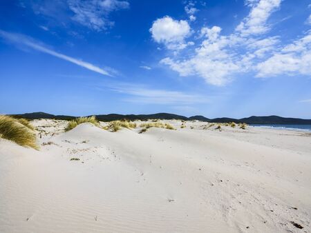The Porto Pino beach, about four kilometers long of white sand and dunes, Sant? Anna Arresi, Sardinia, Italyの写真素材