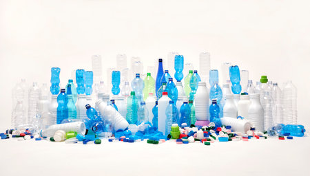 Plastic bottles, plastic caps. Plastic recycling concept. Plastic-free concept.の写真素材