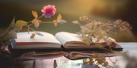 Beautiful flower resting on an open book. The image captures the essence of spring, with the soft light and warm colors of the season creating a dreamy and romantic atmosphere.の素材