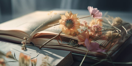 Flowers gently leaning on the pages of an open book. The image captures the essence of spring, with the soft light and warm colors of the season creating a dreamy and romantic atmosphere.の素材