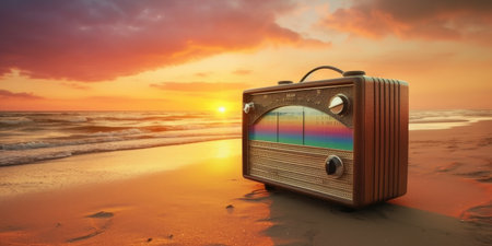 A brown vintage radio with a rainbow reflection on a beach, made with Generative AIの素材
