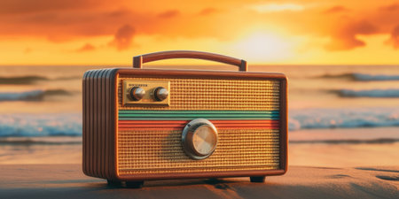 A brown vintage radio with a rainbow reflection on a beach, made with Generative AIの素材