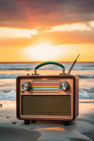 A brown vintage radio with a rainbow reflection on a beach, made with Generative AIの素材
