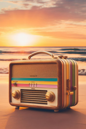 A brown vintage radio with a rainbow reflection on a beach, made with Generative AIの素材
