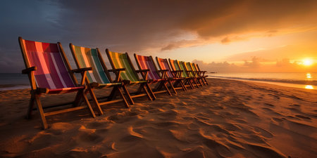 Beach chairs on the beach during sunset. Row of colorful beach chairs illuminated by the warm light of the sunset. Made with Generative AI.の素材