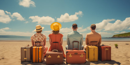 People wearing elegant clothes while they are seated on their luggage on the beach. Four people looking at the sea from the beach. Made with Generative AI.の素材