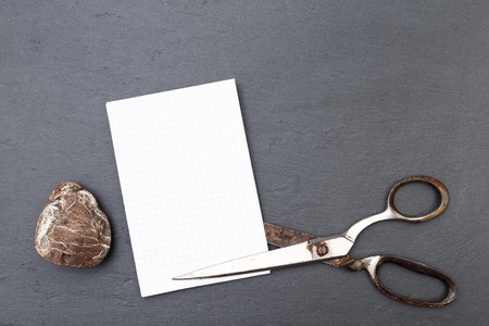 Rock, paper, scissors is the best choice way to decision making. Top above view flat lay, concept pattern falling on white background.の写真素材